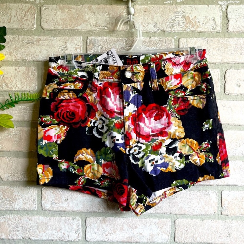 TRIPP NYC Black and Multi Colored Pixilated Floral High Waist Shorts